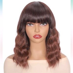 NWT Wavy Synthetic Shoulder Length Bob Wig W/Bangs Synthetic Ombre Dark Copper